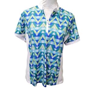 Lillie Green 1/4 Zip Golf Shirt Blue & Green Geometric Ladies Size Petite Large